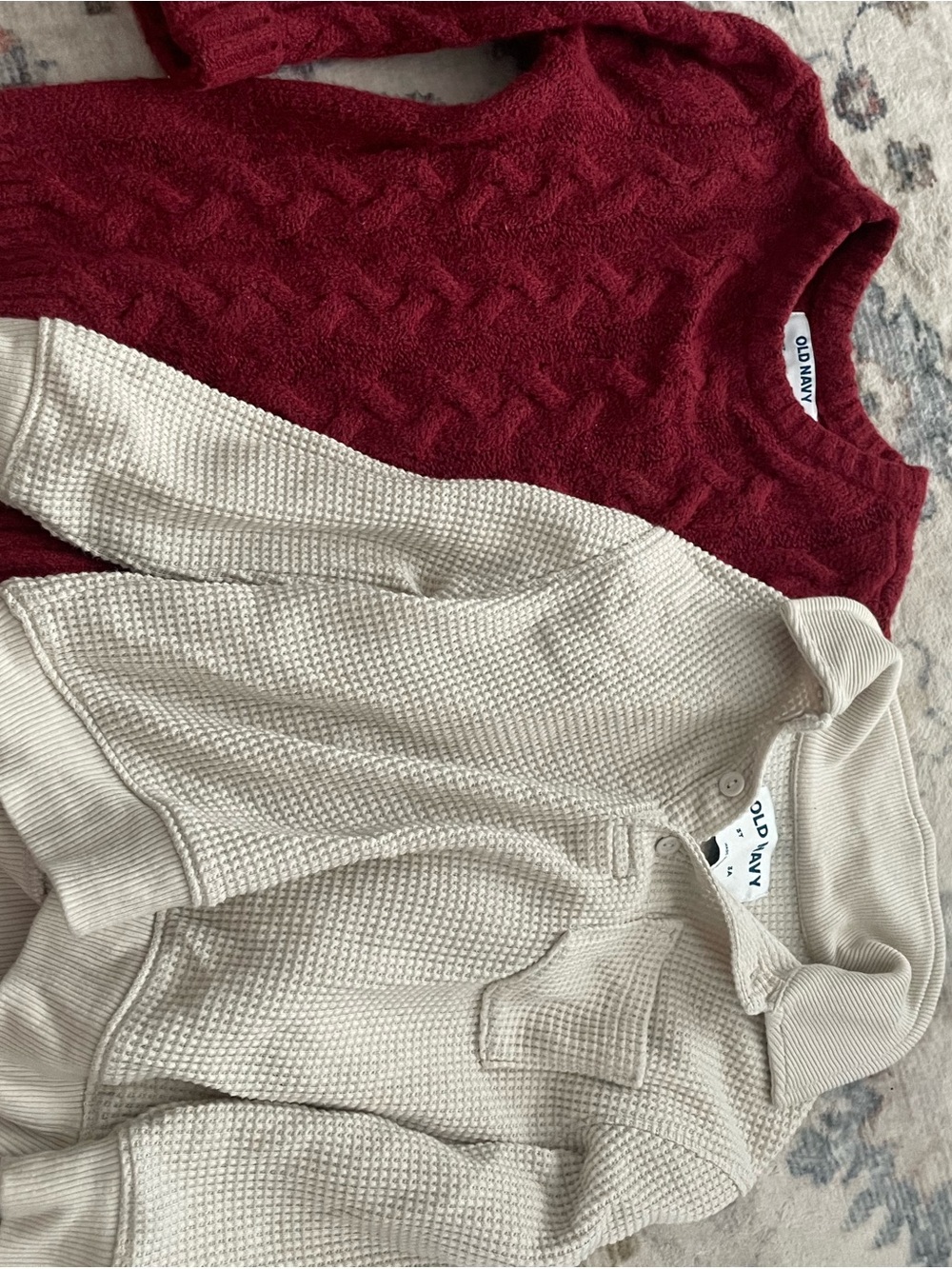 Boys Old Navy Red Cableknit Sweater and Cream Waffle-Knit Pullover